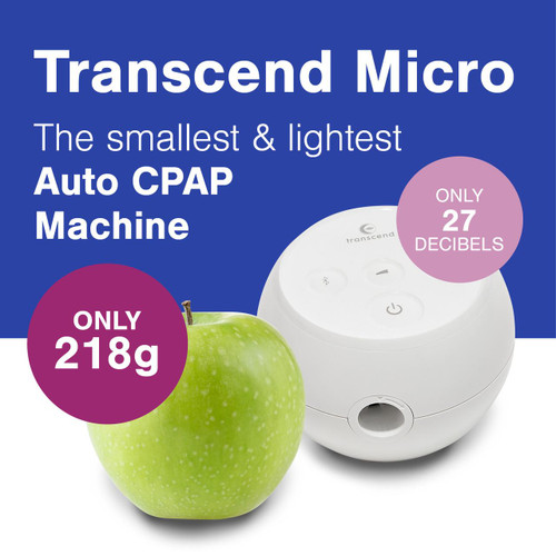 Transcend Micro Auto CPAP Machine, compact white automatic continuous positive airway pressure device with control buttons and a smooth rounded design.