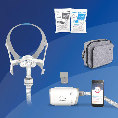Resmed AirMini - Airtouch N20 Starter kit + Deluxe Bag, complete sleep apnea therapy starter kit with a mask, humidification sachets, a storage bag, and a smartphone app for monitoring sleep therapy.