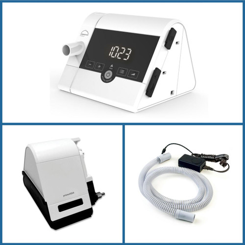 Lowenstein Prisma Smart Plus with Prisma Aqua Heated Humidifier, medical device for respiratory therapy featuring digital display, humidifier unit, and connecting tubing.