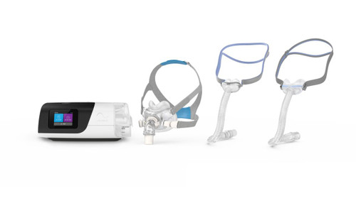 Resmed Airsense 11 Auto and Mask Package, including the sleek white and black CPAP machine with digital display, and multiple masks with adjustable straps and flexible tubing for sleep therapy.
