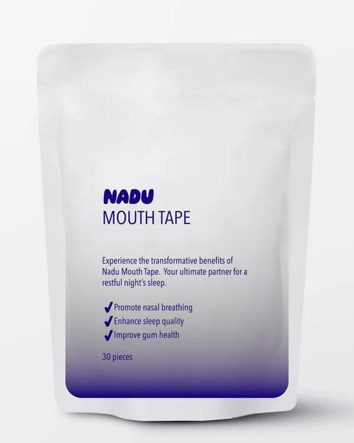 Nadu CPAP Mouth Tape, white resealable package with blue text detailing product benefits like promoting nasal breathing, enhancing sleep quality, and improving gum health.