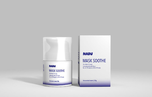 Nadu Mask Soothe, skincare product with unscented cream in a white jar and box, featuring blue text, zinc oxide, and calendula officinalis flower extract for soothing skin.
