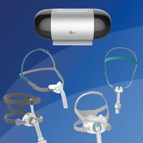 BMC M1 Travel Auto CPAP Mask Package, includes a CPAP device, multiple headgear masks with hoses for sleep apnea therapy on a blue background.