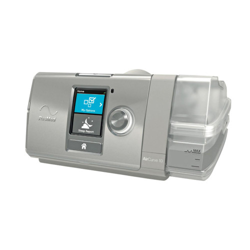 Resmed AirCurve 10 CS PaceWave, medical device used for sleep apnea therapy with digital display and humidifier chamber.