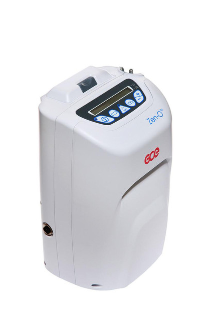 GCE Zen-O Portable Oxygen Concentrator, compact medical device with digital controls and display screen for oxygen therapy.