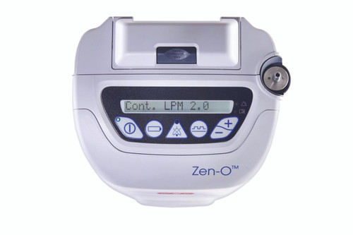 GCE Zen-O Portable Oxygen Concentrator, front view of a compact medical device with digital display and control buttons.