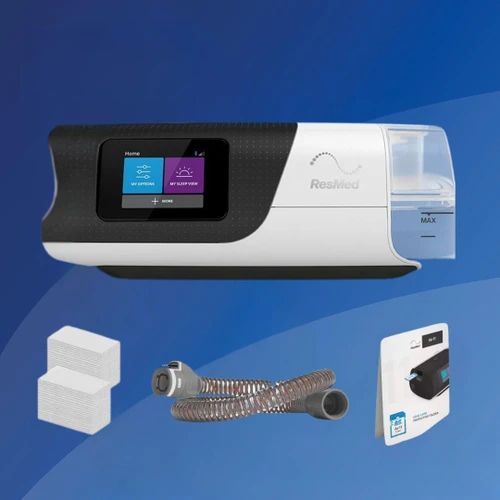 ResMed AirSense 11 Auto Care Package, CPAP machine with digital display, tubing, filters, and protective liners.