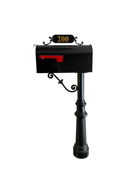 Wildwood At Meadowgate - Front Mounted Jefferson Mailbox System with T2, S-Scroll, 3" Pole, Fluted Base, and Plate 1 with 2" Gold Numbers