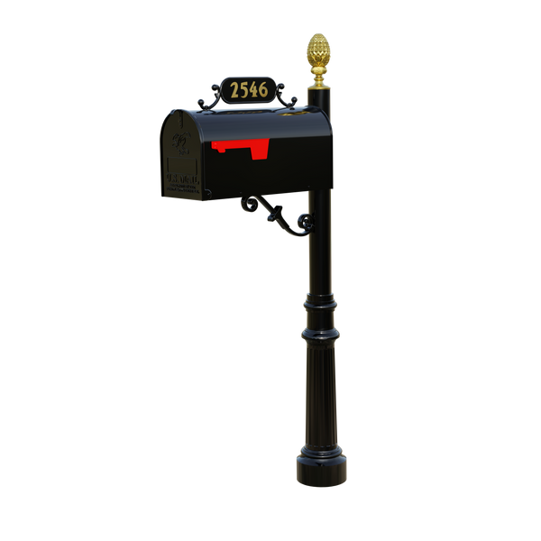 Morgan's Crossing - Custom 3" x 6' Smooth pole GOLD 3" pineapple finial 3" fluted base L-bracket with 6" channel S-scroll bracket WB 2" brass numbers Large mailbox Number plate 1