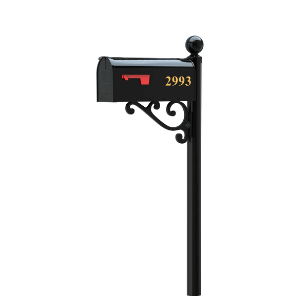  Wyngate   - Wyngate   - Custom 3" smooth pole/3" ball finial/ D-bracket, Standard mailbox, with 2" Gold vinyl reflective TNR on both sides of the mailbox, NO BASE