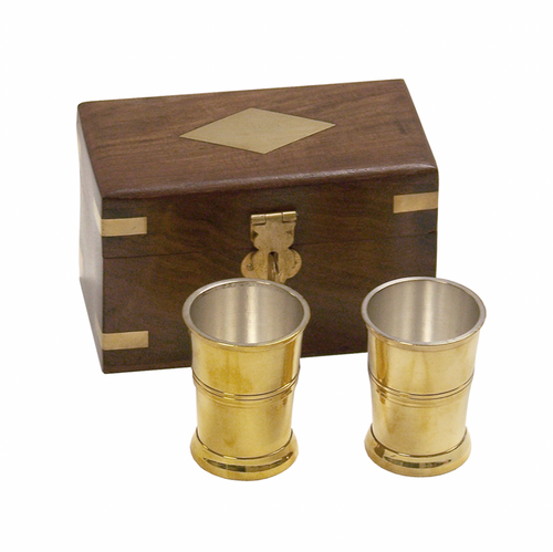 Set of 2 Polished Brass Rum Cups in Rosewood Box