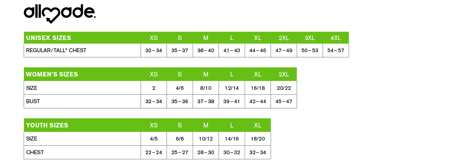 All Made Premium T-Shirts Size Chart