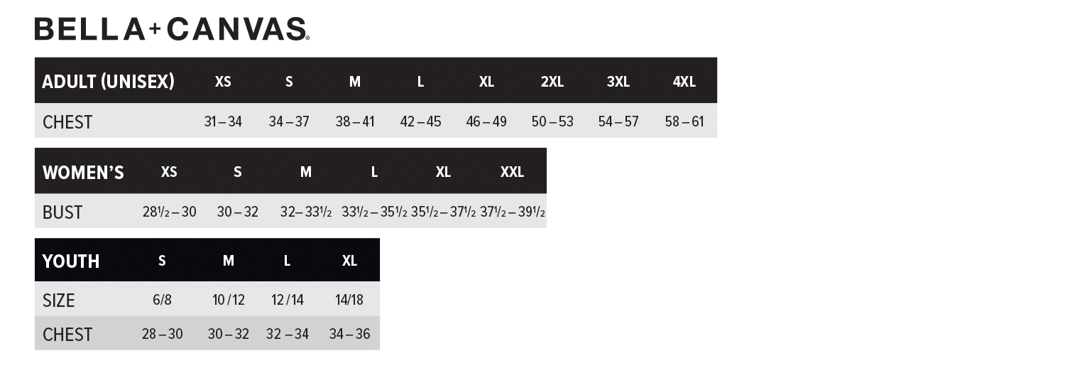 Bella Canvas Premium T-Shirts Size Charts