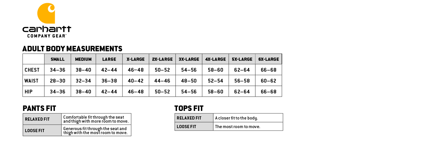 Carhartt Size Charts