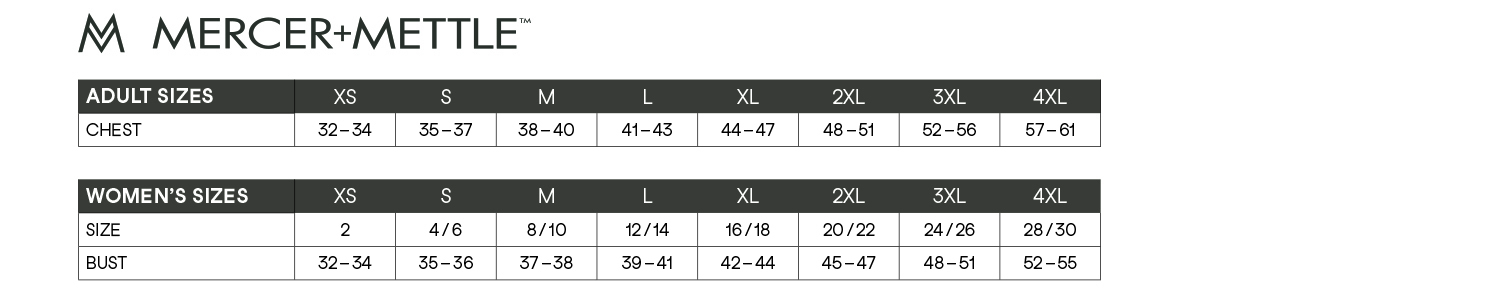 Mercer Mettle Corporate Apparel Size Chart