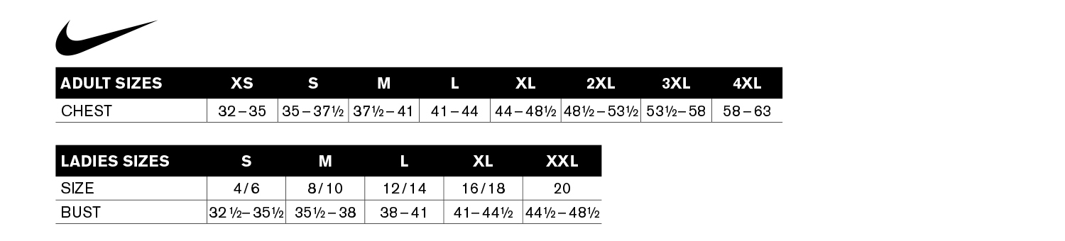 Nike Corporate Apparel Size Charts