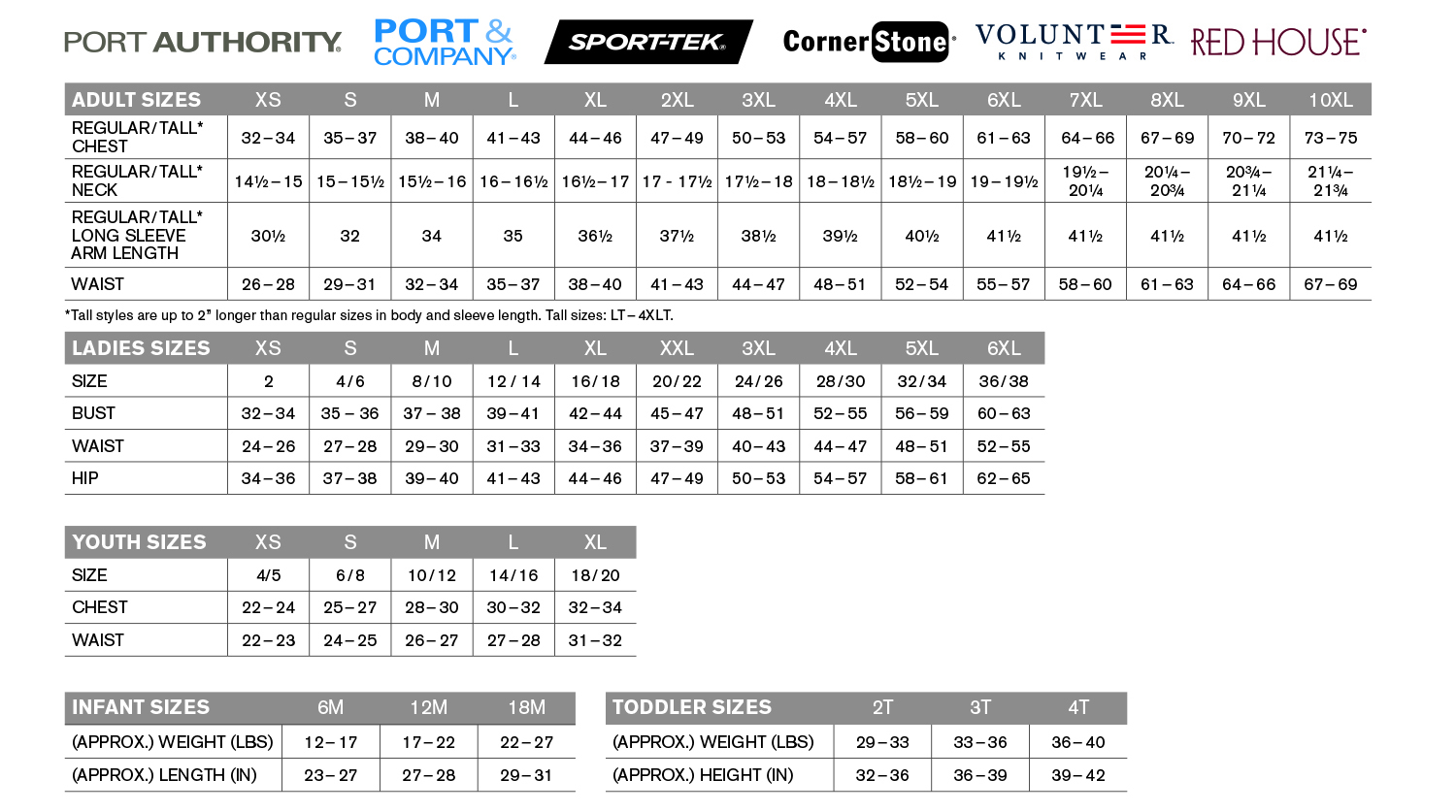 Port Authority Premium Corporate Apparel Size Charts