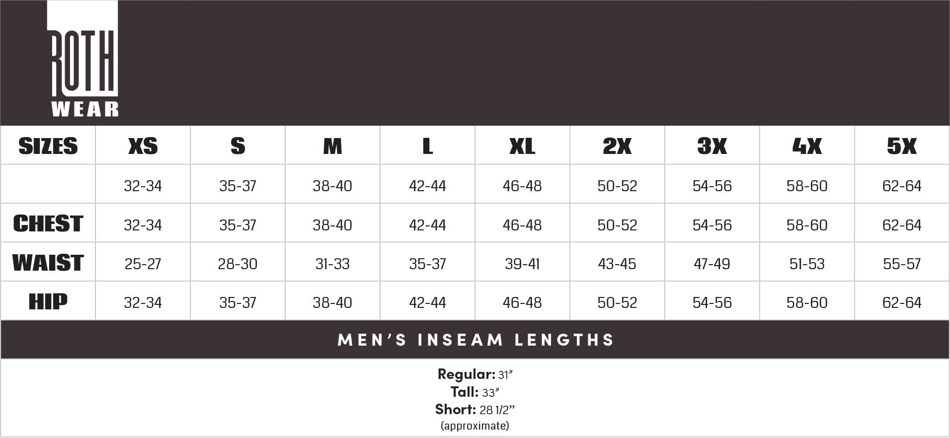 Roth Wear Size Guide