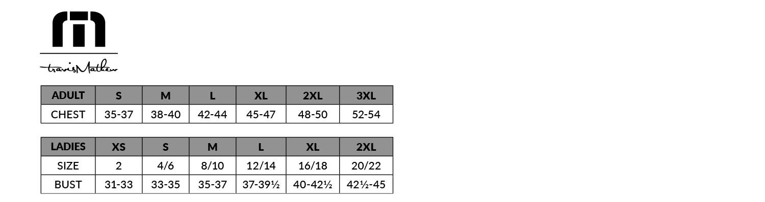 Travis Matthew Corporate Apparel Size Chart