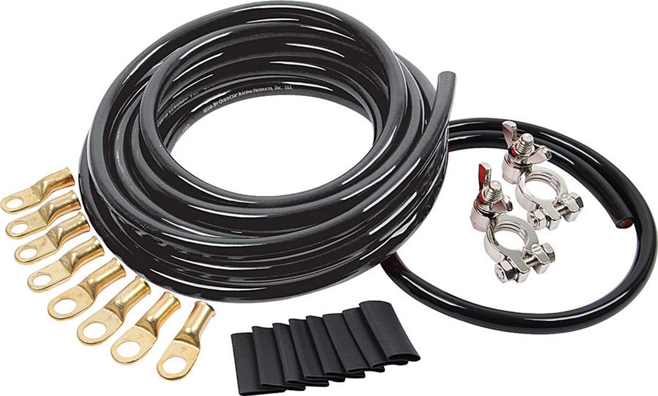 THIS KIT INCLUDES: 15 FT OF BLACK 2 GAUGE CABLE, 2 FT OF BLACK 2 GAUGE CABLE, 4PC OF 5/16 RING TERMINALS W/HEAT SHRINK, 4PC OF 3/8  RING TERMINALS W/HEAT SHRINK, 1 PAIR OF BATTERY TERMINALS. Cable O.D.- 1/2