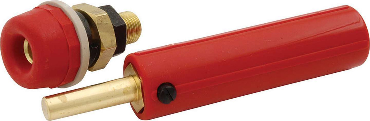 ALL76301 Red Female Connector Only ALL76302 Red Male Connector Only Male post is 9mm and tapers down to 8.5mm at the tip. Female end requires a .625 mounting hole and mounts in panels up to 1/8 thick. END WELL ACCEPT DOWN TO O GAUGE WIRE