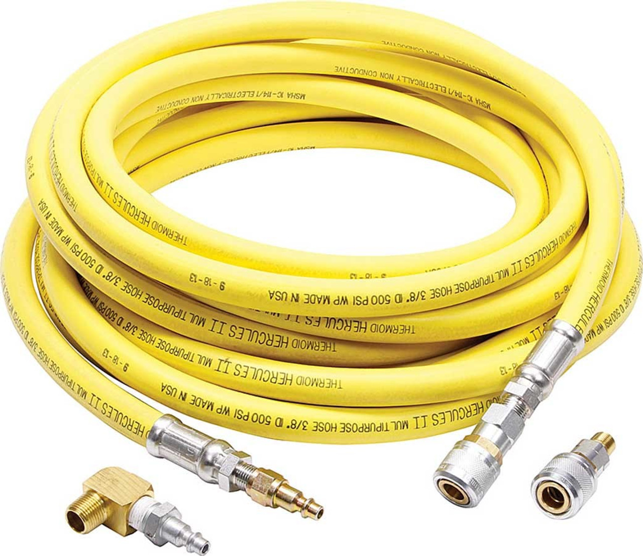 Kit includes:35ft of 3/8 ID Thermoid Hercules hose rated at 500psi and includes 3/8-18 NPT Male Ends.1pc Female Q/R Fitting w/3/8-18 NPT Female End 1pc Female Q/R Fitting w/1/4-18 NPT Male End 1pc Male Q/R Fitting w/3/8-18 NPT Female End 1pc Male Q/R Fitting w/1/4-18 NPT Male End 1pc 3/8-18 NPT Female to Male Elbow