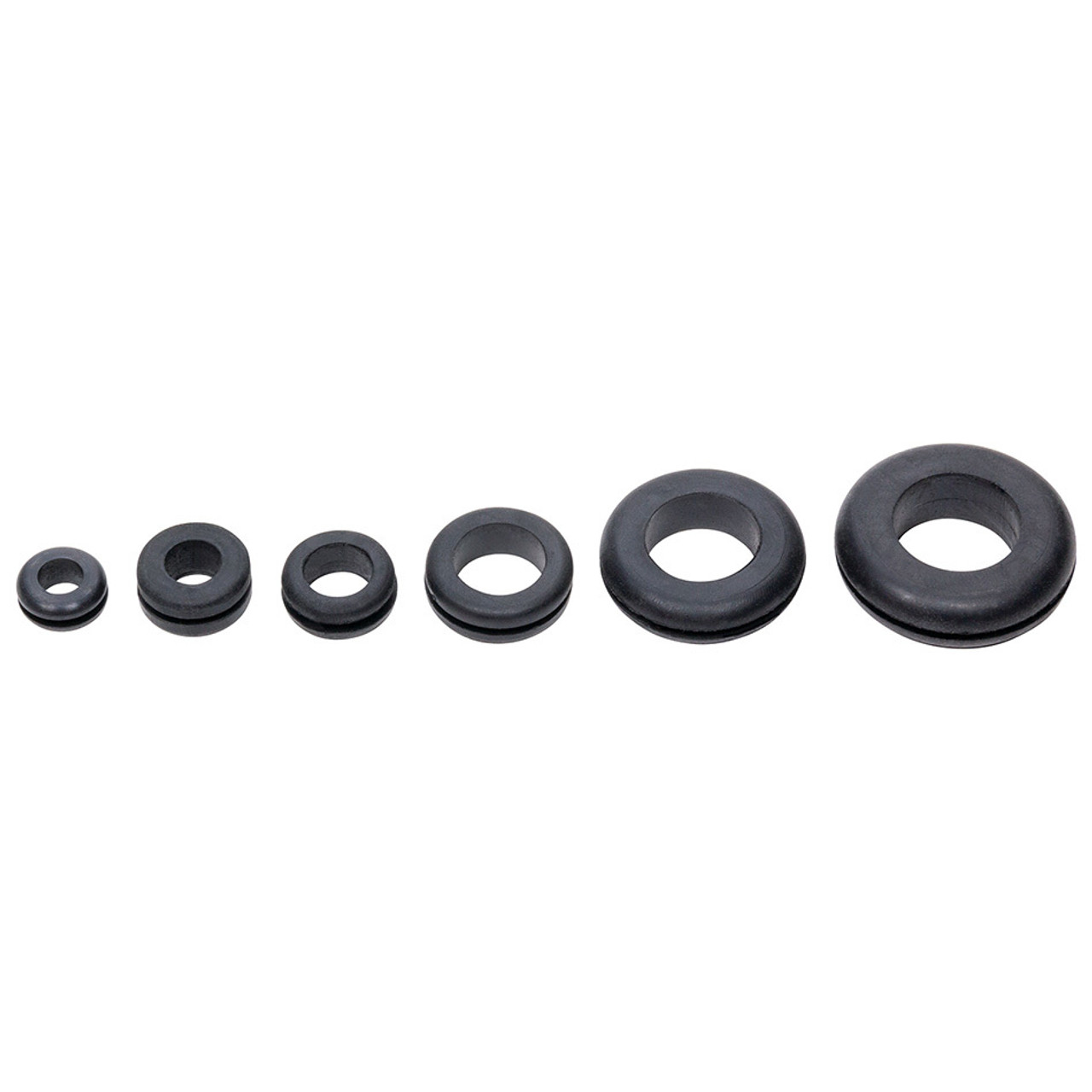 Kit includes the following grommets. 6pcs of 1/4 ID, for 3/8 Hole 6pcs of 5/16 ID, for 7/16 Hole 6pcs of 3/8 ID, for 1/2 Hole 6pcs of 1/2 for 5/8 Hole 6pcs of 5/8 ID, for 7/8 Hole 6pcs of 11/16 ID, for 1 Hole