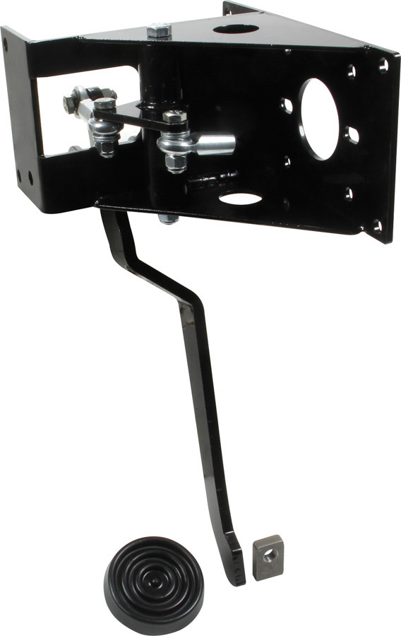 Pedal assembly has two optional linkage holes on the pedal  arm allowing a 5:1 or 7:1 ratio. Mounting plate has provisions to mount an Allstar power brake booster with 3-3/8 x 3-3/8 mounting pattern or a standard master cylinder with 3-1/4 to 3-1/2 CTC bolt pattern.  Pedal arm measures 15 from center of pivot to end or bottom of arm. Arm may be cut to length and tab installed as needed.