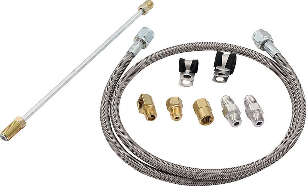 Kit includes an 8 length of 3/16 hard line, one each of a straight and 90 degree male 1/8 NPT to 3/16 inverted flare fittings, one straight female 1/8 NPT to 3/16 inverted flare fitting, two straight male 1/8 NPT to -4 hose fittings, a 36 #4 braided steel hose with -4 straight fittings and line clamps for the steel and braided line.