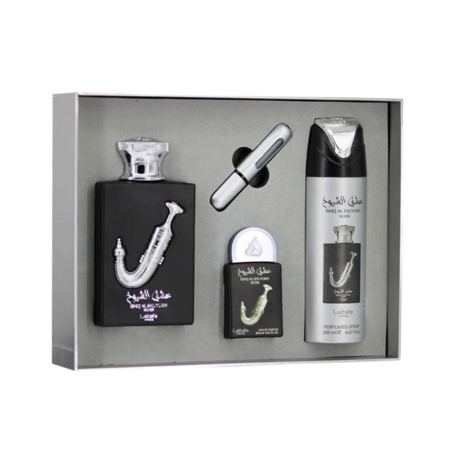 Lattafa Ishq Al Shuyukh Silver 3 PCS Gift Set for Mens