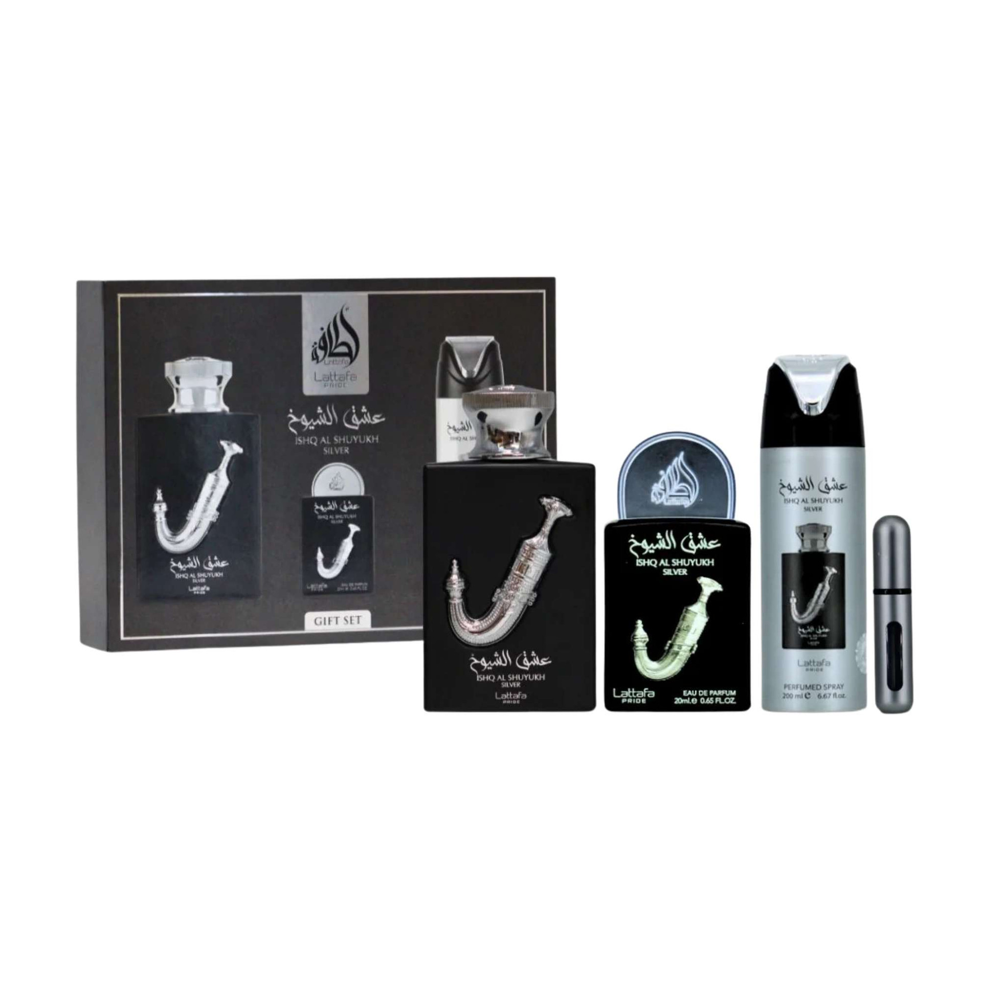 Lattafa Ishq Al Shuyukh Silver 3 PCS Gift Set for Mens
