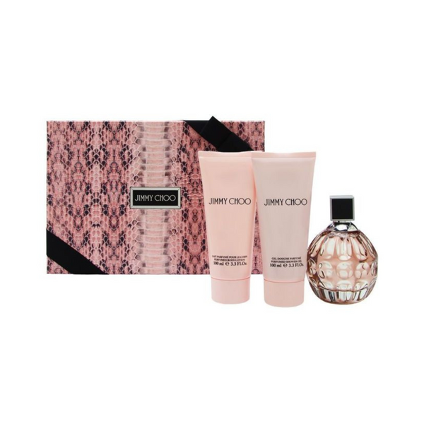 Jimmy Choo 3-Piece Gift Set for Women – Includes EDP Spray, Perfumed Body Lotion, and Shower Gel with pink snake-print gift box