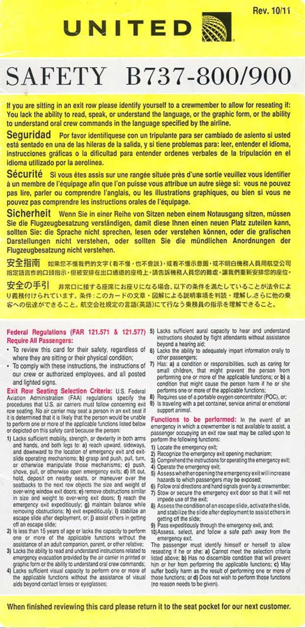 United Airlines 37 800 737 900 11 Safety Card Lion Rock Gifts