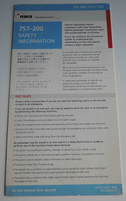 Northwest Airlines | B757-200 | 2003 | Safety Card Northwest Airlines | B757-200 | 2003 | Safety Card