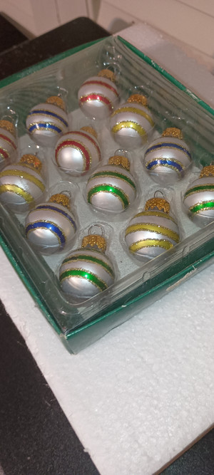 KURT ADLER-BOX OF 12 MINI STRIPED EUROPEAN STYLE GLASS BALL ORNAMENT