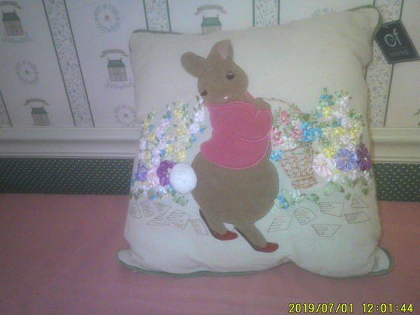 C&F MEADOW BUNNY TUFTED & RIBBON ART PILLOW-NEW