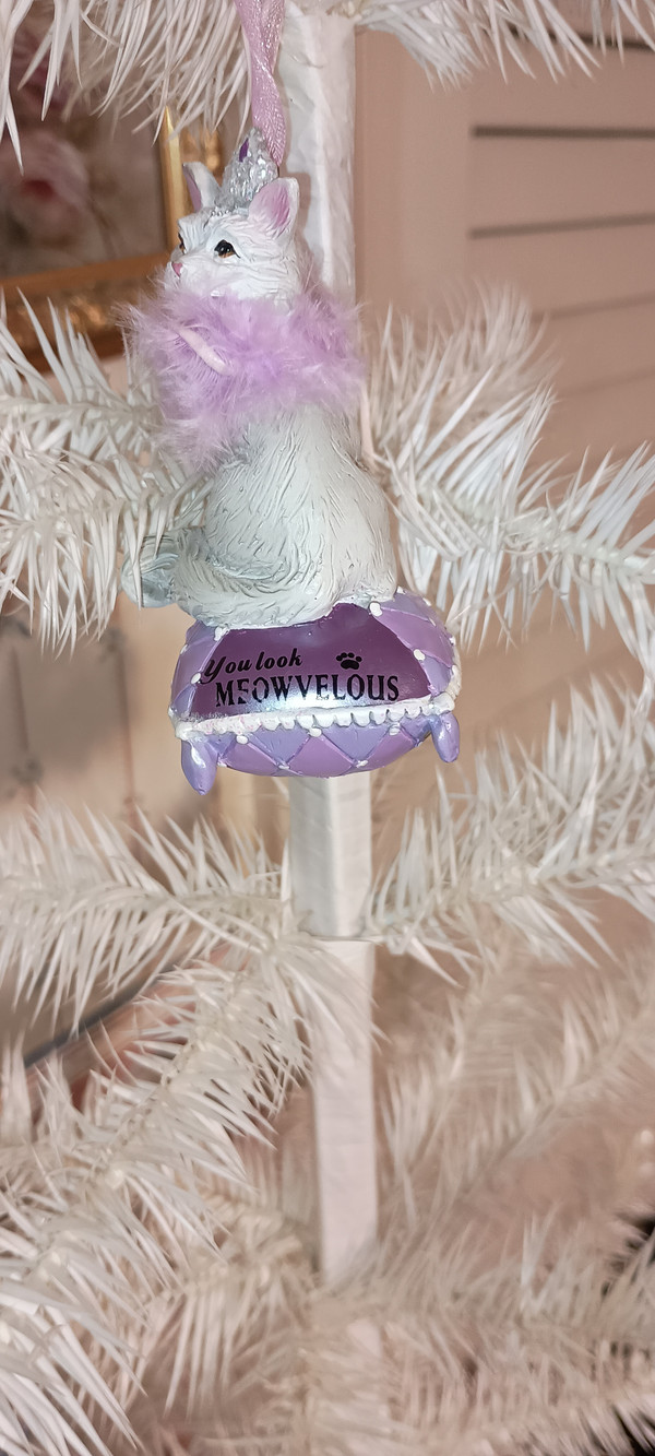 KURT ADLER-ROYAL SPLENDOR PURPLE & SILVER CAT ORNAMENT- YOU LOOK MEWVELOUS
