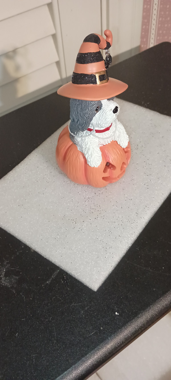 KURT ADLER-2025-HALLOWEEN-DOG ATOP PUMPKIN LIGHTED TABLETOP-SHIH TZU