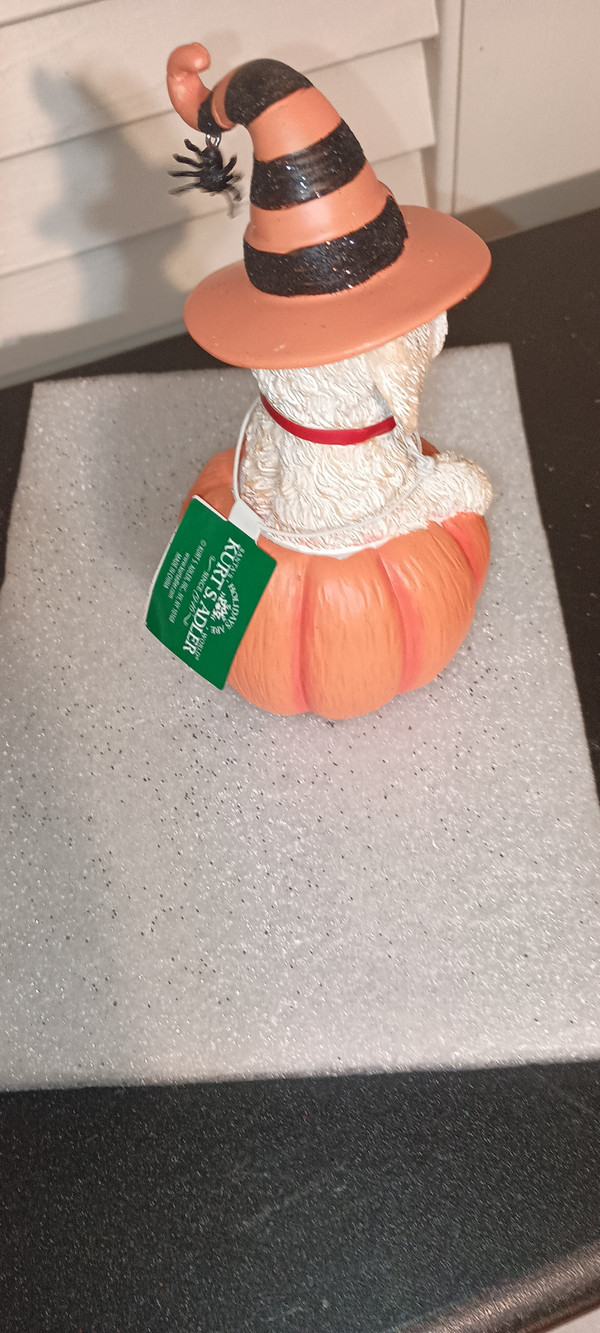 KURT ADLER 2025-HALLOWEEN DOG ATOP PUMPKIN LIGHTED TABLETOP-YELLOW DOODLE.NEW