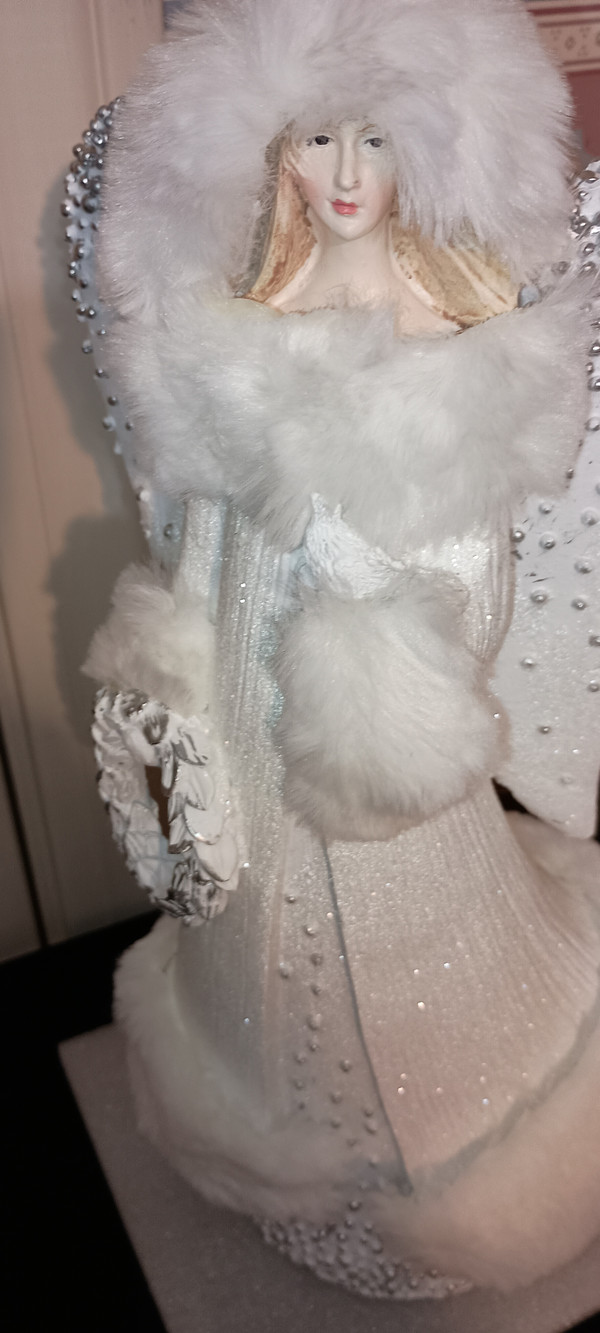 ROMAN-2022 WHITE ANGEL WITH FUR & SILVER DOTS FIGURINE-NEW