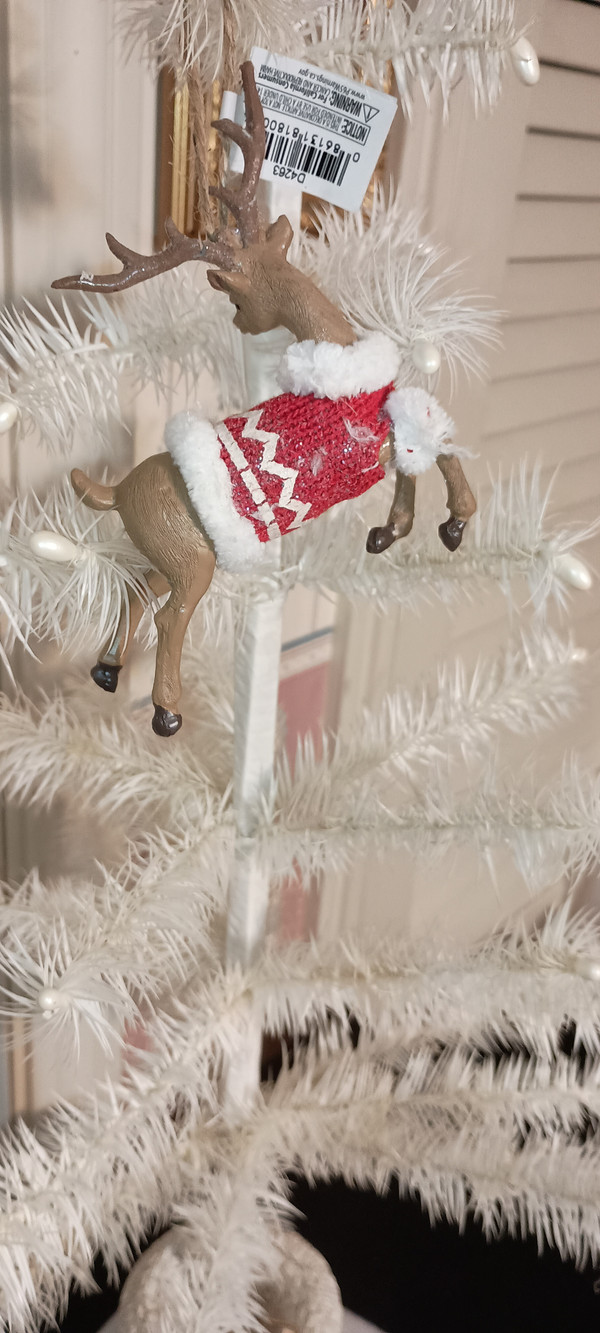 KURT ADLER 2023-DEER WITH RED KNIT SEATER ORNAMENT- A AS SHOWN.NEW