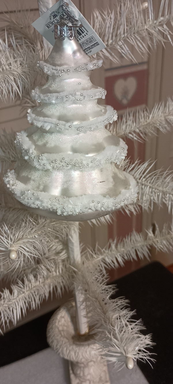 KURT ADLER-NOBLE GEMS-WHITE CHRISTMAS TREE WITH WHITE BEADED TRIM ORNAMENT-NEW