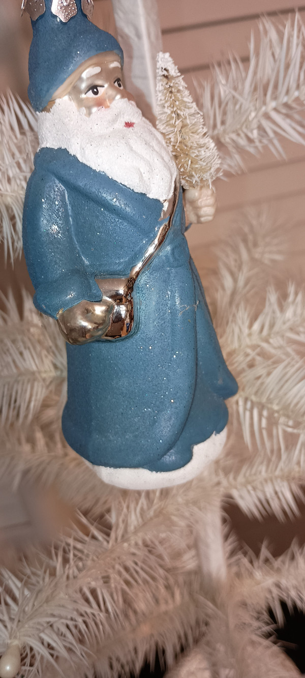 ROMAN-BLUE GLASS GLITTER SANTA ORNAMENT-NEW