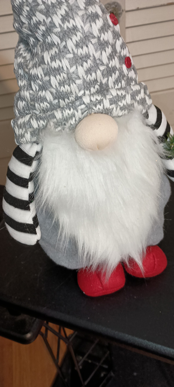 KURT ADLER- FABRIC SANTA GNOME WITH GRAY & WHITE KNITTED HAT-NEW