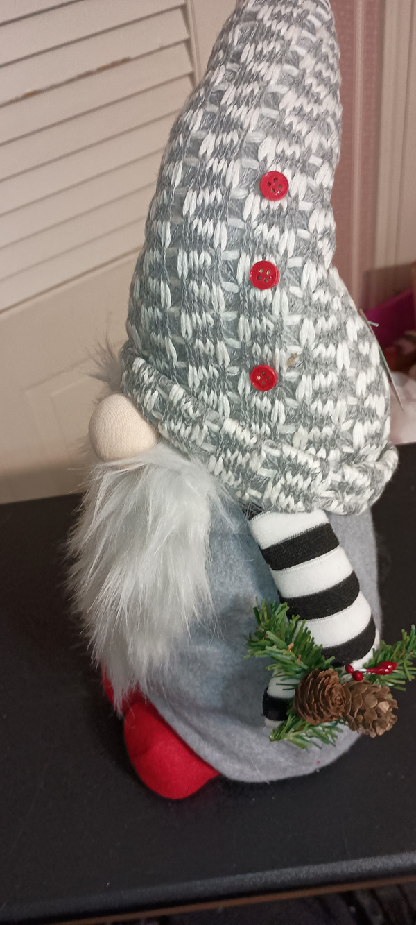 KURT ADLER- FABRIC SANTA GNOME WITH GRAY & WHITE KNITTED HAT-NEW