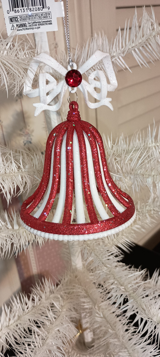 KURT ADLER-2023-RED & WHITE GLITTERED BELL ORNAMENT-NEW