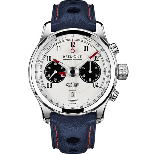 Bremont Jaguar Men's Automatic Chronometer Chronograph Sapphire White Dial Blue Calf Leather Racing Strap Watch BJ-II/WH