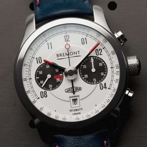 Bremont Jaguar Men's Automatic Chronometer Chronograph Sapphire White Dial Blue Calf Leather Racing Strap Watch BJ-II/WH