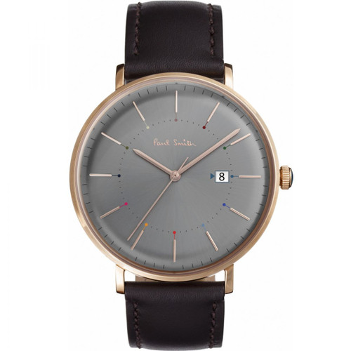 Paul Smith Track Men's Grey Dial Rose Gold PVD Case Brown Leather Strap Watch P10083