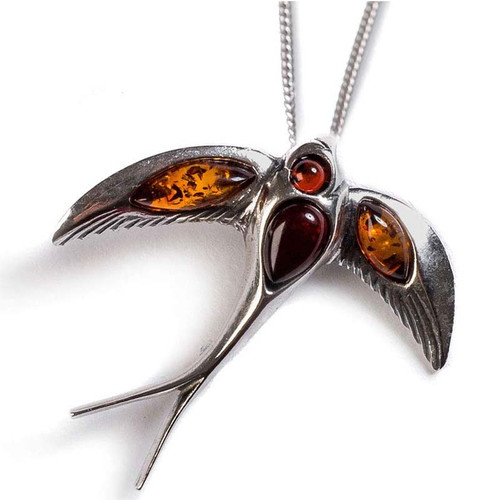 Henryka Ladies Silver And Cognac Cherry Amber Swooping Swallow Necklace 1/6309/100/CCH-BU